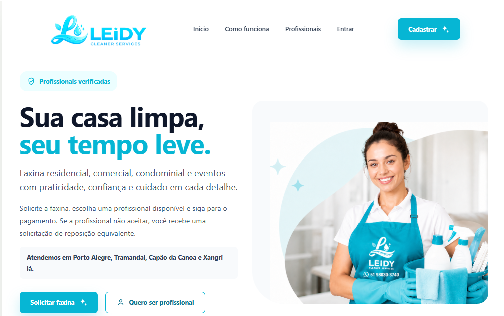 Página inicial da plataforma Leidy Cleaner Services