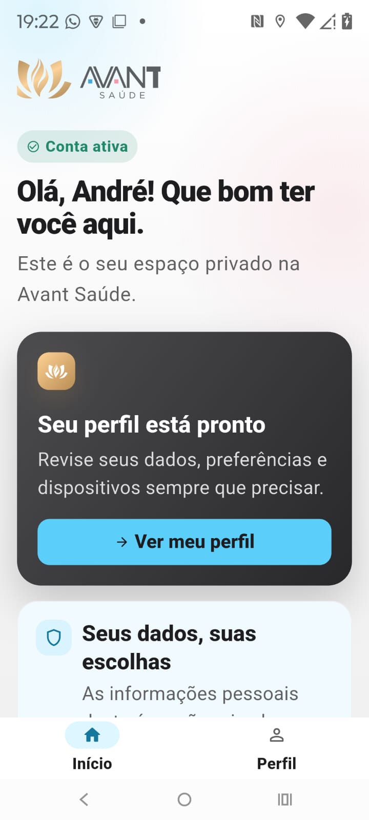 Tela inicial do aplicativo Avant Saúde