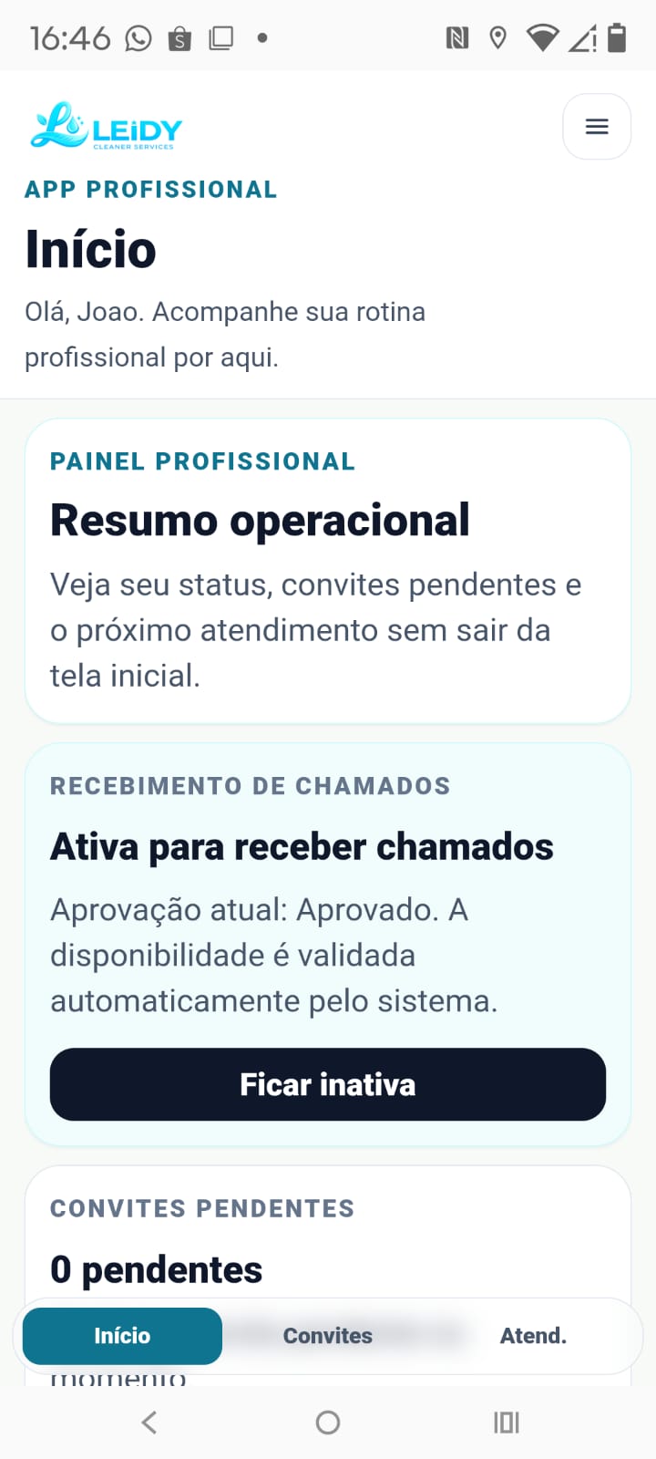 Tela inicial do aplicativo Leidy Cleaner